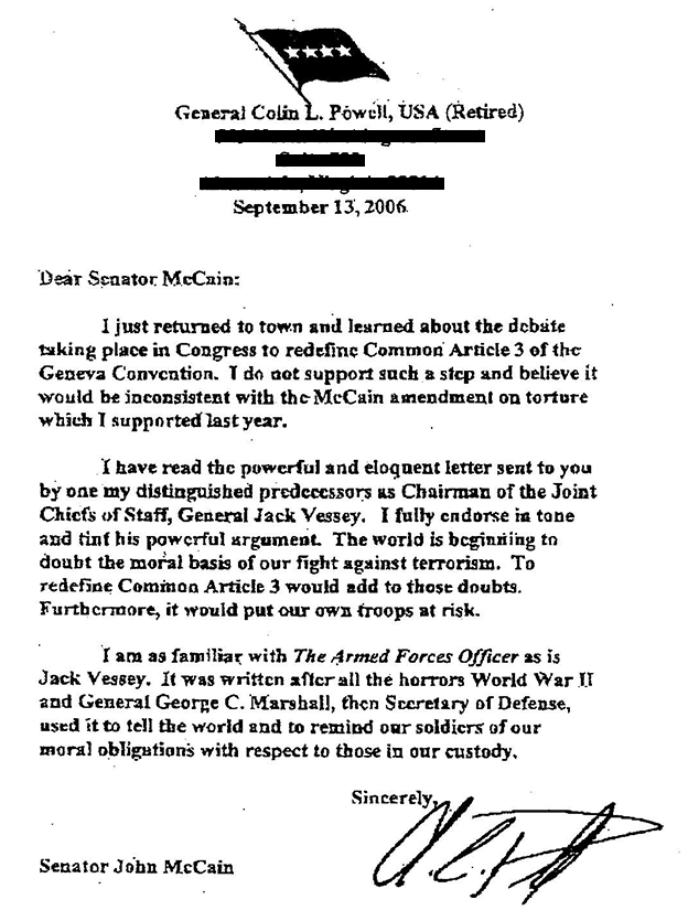 Sen. McCain Releases Letter from Gen. Colin Powell