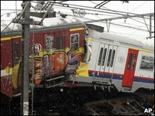 Wreckage of the two trains that collided in Halle, near Brussels, Belgium - 15 February 2010