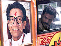 A campaign vehicle bearing the portrait of Bal Thackeray, chief of Hindu right-wing party Shiv Sena