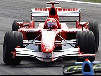 Michael Schumacher catches a moment of opposite lock in his Ferrari during the Brazilian Grand Prix