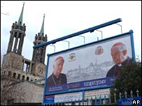 Poster of Archbishop Wielgus and Cardinal Glemp outside Warsaw cathedral
