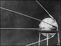 Sputnik satellite, pre-launch, resting on support frame