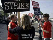 Hollywood writers picket outside the NBC studios in Burbank, California