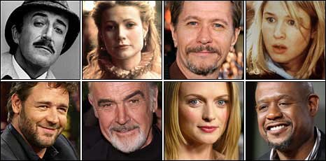 (Top row) Peter Sellers, Gwyneth Paltrow, Gary Oldman, Renee Zellwegger. (Bottom row) Russell Crowe, Sean Connery, Heather Graham, Forest Whitaker