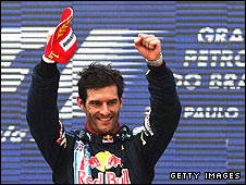 Mark Webber celebrates winning the Brazilian Grand Prix