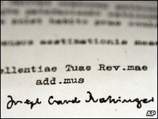 1985 letter with Cardinal Ratzinger's signature