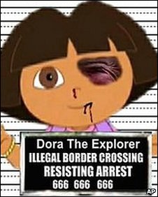 Dora the Explorer is portrayed in a police mugshot with a black eye
