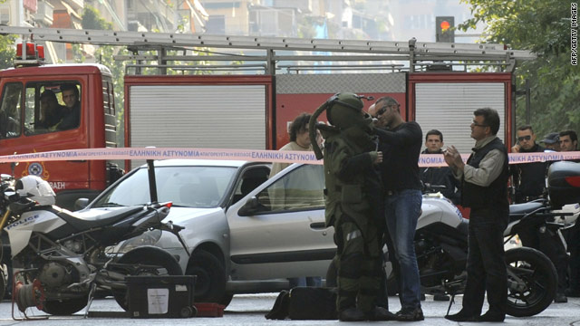 Bomb disposal experts explode another suspect parcel reportedly addressed to the Dutch Embassy in Athens, Nov. 1, 2010.