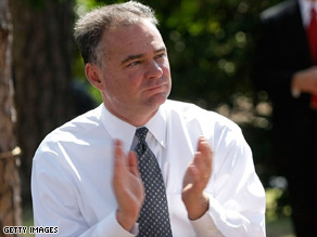 Virginia Gov. Tim Kaine claps during an August campaign event for Barack Obama in Virginia.