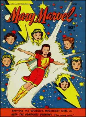 Mary Marvel, surrounded by the six sources of her power. Artist: Jack Binder.