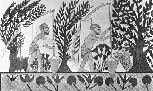 The Nile River has played an important role in the lives of Egyptians throughout history. This frieze (c. 2000 B.C.E.) depicts Egyptians using water from the Nile River for irrigation.