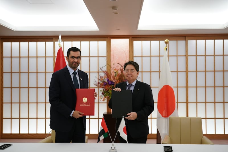 Dr Sultan Al Jaber, Minister of Industry and Advanced Technology and the UAE's special envoy to Japan, and Yoshimasa Hayashi, Japan's Minister of Foreign Affairs sign the comprehensive strategic partnership agreement. Wam