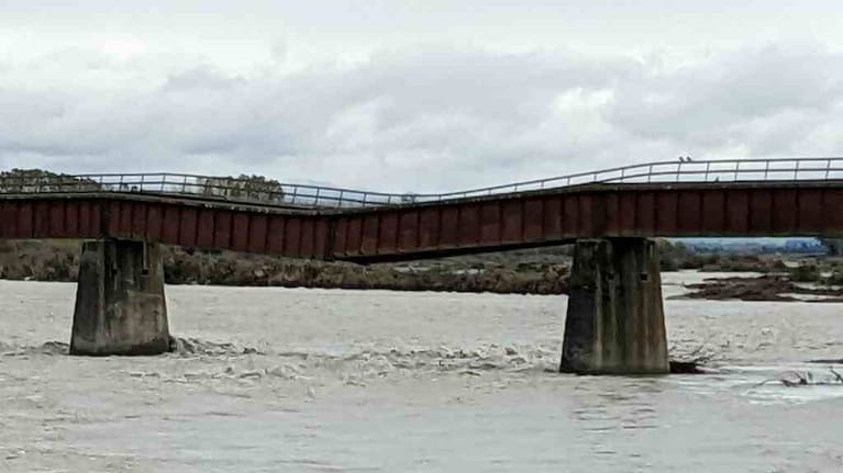 The Rangitata rail bridge is visibly sagging after a pier was washed out by high flood waters.
