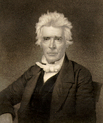 19th-century Christian religious leader Alexander Campbell shown with spiky, white hair. He is looking directly towards the viewer. He is wearing a dark coat, black vest, and a white shirt secured by a white cravat.
