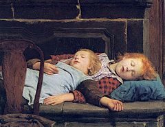 فتاتان نائمتان على مقعد الموقد للفنان ألبرت أنكر (1895)