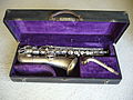 A straight-necked Conn C melody saxophone (New Wonder Series 1)[15] dated 1922. The neck has a Conn micro-tuner on the end.