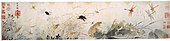Early Autumn; by Qian Xuan; 13th century; ink and colors on paper scroll; 26.7 × 120.7 cm; Detroit Institute of Arts. The decaying lotus leaves and dragonflies hovering over stagnant water are probably a veiled criticism of Mongol rule[36]