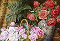 Painting of a basket of pink roses next to a vase with red roses