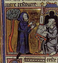 Illumination from a 13th-century French manuscript depicting the enchanter Merlin, left, conversing with a copyist monk, right
