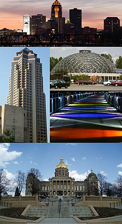 从上至下顺时针分别是801 Grand（美國信安金融集團总部）、Des Moines Botanical Center、Kruidenier Trail bridge与愛荷華州議會大廈