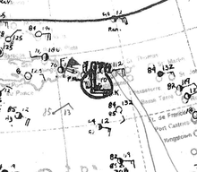Map plotting the position of the storm and associated isobars, with the center of the storm marked with an "L"