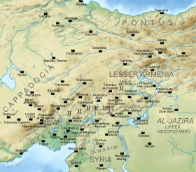 A topographic map of central Asia Minor and northern Syria and Upper Mesopotamia with administrative regions labeled and black fort-shaped markers indicating fortress locations