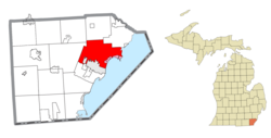 Location within Monroe County and the administered CDPs of Detroit Beach (1), Stony Point (2), and Woodland Beach (3)