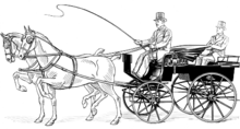 Drawing of a man holding a whip, sitting on top of an open carriage pulled by two horses.