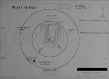 Map describing the clearance zones during blasting in a limestone quarry. These notices are produced by surveyors (see topography).