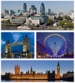 Nga sipër majtas: Qyteti i Londrës, Tower Bridge, Syri i Londrës dhe Pallati i Westminster