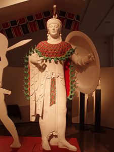 Restoration of the polychrome decoration of the Athena statue from the Aphaea temple at Aegina, c. 490 BC (from the exposition "Bunte Götter" by the Munich Glyptothek)