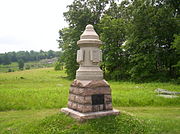 Monument for the 30th Infantry, First Pennsylvania Reserves, at the base of Little Round Top. Inscribed in the monument are the words "Co. K recruited at Gettysburg." Dedicated September 1890.