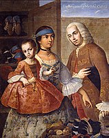 A casta painting, here he shows a Español (Spanish) father, Mestiza (mixed Spanish-Indian) mother, and their Castiza daughter