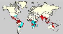 ネッタイシマカの生息域とデング熱の流行地域を示した世界地図