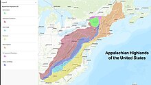 Appalachian Highlands of the United States as classified by Physiographic regions of the United States