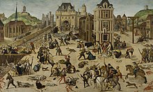 painting of St. Bartholomew's Day massacre, convent church of the Grands-Augustins, the Seine and the bridge of the Millers, in the center, the Louvre and Catherine de' Medici.
