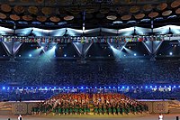 Artistes showcasing Indian flag at the opening ceremony
