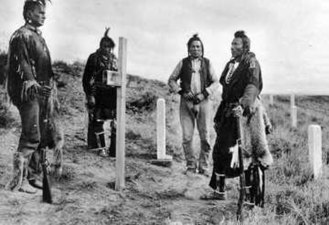 Former U.S. Army Crow Scouts visiting the Little Bighorn battlefield, circa 1913