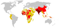 Tetanus cases reported worldwide (1990–2004). Ranging from some (in dark red), to very few (in light yellow) (grey, no data).
