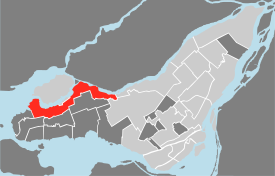 Location of Pierrefonds-Roxboro on Island of Montreal. (Gray areas indicate demerged municipalities).