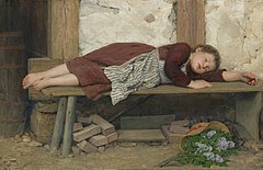 فتاة نائمة على مقعد خشبي للفنان ألبرت أنكر (1831–1910)