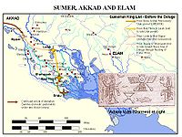 (en) Karta južne Mezopotamije s prikazanim civilizacijskim žarištima i promjenama obale: stanje iz 5000. pne. (lijevo) i 4000. pne. (desno)