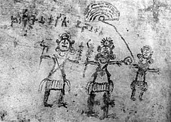 Vrishni triad shown in a rock painting at Tikla, Madhya Pradesh, 3rd-2nd century BCE. These would be Saṃkarṣaṇa (with plough and mace), Vāsudeva (with mace and wheel) and a female deity, probably Ekanamsha.[20]
