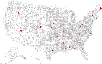 Map of the United States with counties named Washington in red