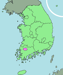 Karta Južne Koreje s označenim Gwangjuom