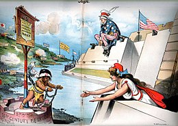 Columbia (representing the American people) reaches out to oppressed Cuba with blindfolded Uncle Sam in background (Judge, February 6, 1897; cartoon by Grant E. Hamilton).