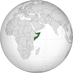 Area controlled by Somalia shown in dark green; claimed but uncontrolled سومالیلانډ⁠ (a self-declared, د سومالیا اقتصاد) shown in light green. n.b. , zones of control are approximate at this time.