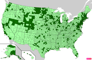 Counties in the United States by median family household income according to the U.S. Census Bureau American Community Survey 2013–2017 5-Year Estimates.[238] Counties with median family household incomes higher than the United States as a whole are in full green.