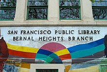 A colorful mural painted on the sign of the Bernal Heights Branch Library