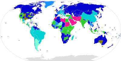 Map of the world's countries, with countries colored by age of consent